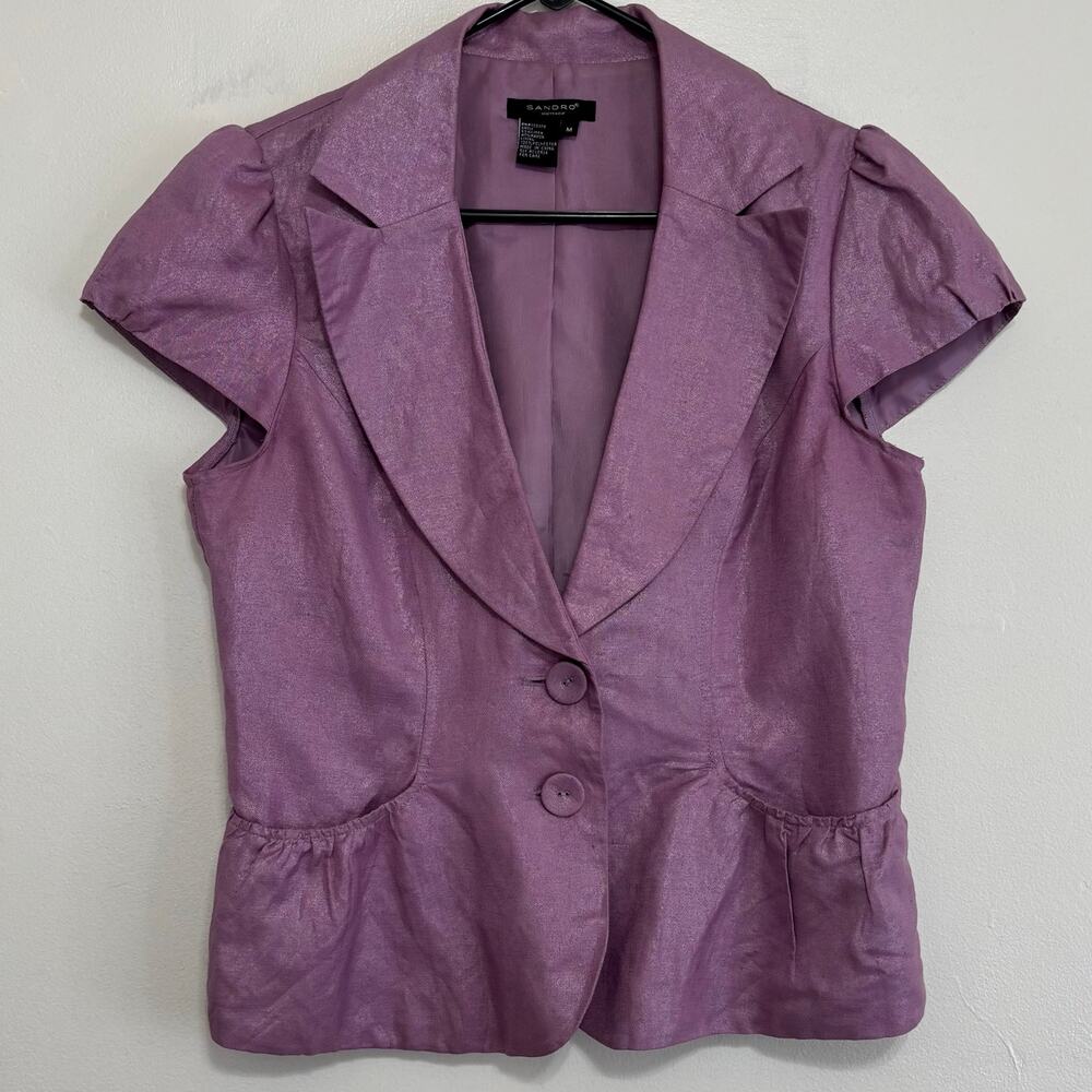 Sandro Lilac Linen Blend Puff Sleeve Peplum Top M